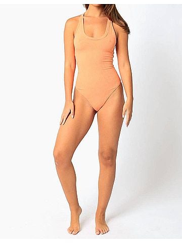 Olivaceous Gia Ribbed Racerback Tank Bodysuit in Tangerine (view 2)