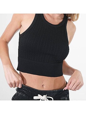 Nikibiki Cable Knit High Neck Crop Top in Black (view 2)