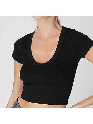 Nikibiki Seamless Ribbed V Neck Crop Tee in Black (view 2)