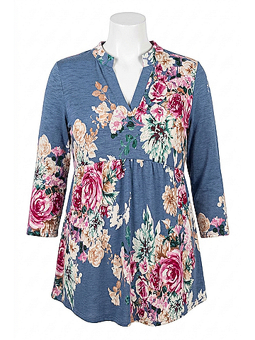 Honeyme Floral Gabby Babydoll Tunic Top in Denim (view 1)