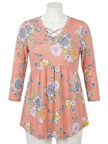 Honeyme Babydoll With Criss Cross Accents Tunic Top in Coral (view 1)