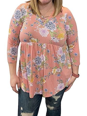 Honeyme Babydoll With Criss Cross Accents Tunic Top in Coral (view 2)