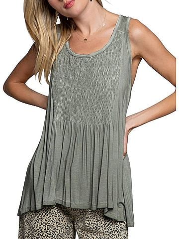 Pol Babydoll With Smocked Details Top in Sage Green (view 2)