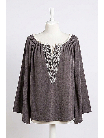 Kori America Embroidered Bell Sleeve Knit Top in Charcoal (view 1)
