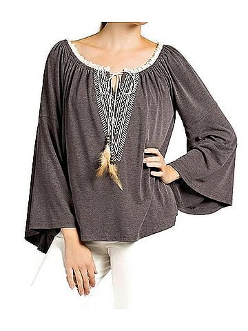 Kori America Embroidered Bell Sleeve Knit Top in Charcoal (view 2)