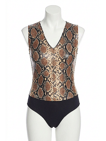Commando Faux Leather Animal V-Neck Bodysuit in Snake (view 1)