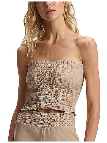 Commando Faux Leather Smocked Tube Top in Sand (view 2)