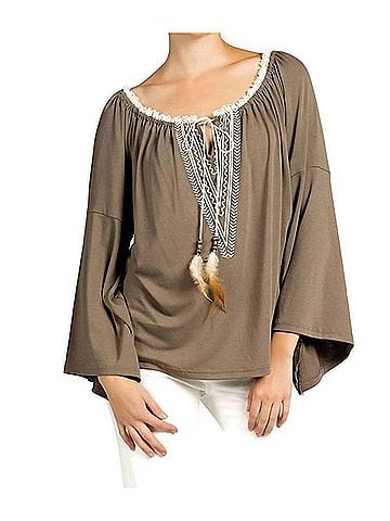 Kori America Embroidered Bell Sleeve Knit Top in Mocha (view 2)
