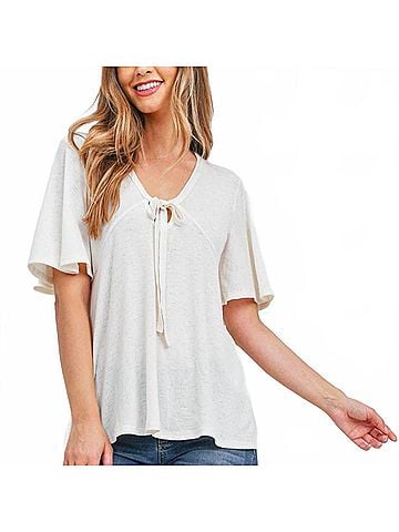 Mittoshop Flutter Sleeve Tie Front Top in Ivory (view 2)
