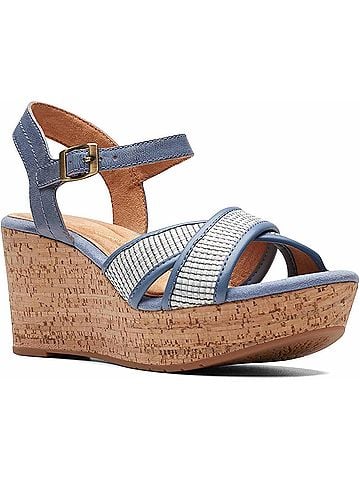 Clarks Women's Elleri Plum Wedge Sandal in Denim Blue Leather (view 1)