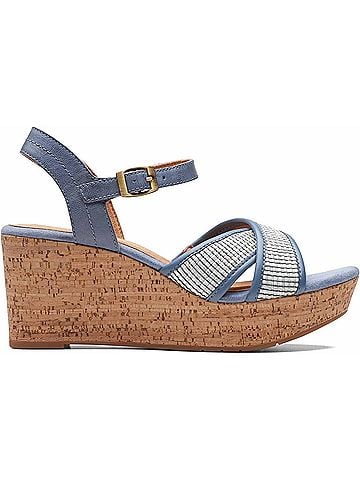 Clarks Women's Elleri Plum Wedge Sandal in Denim Blue Leather (view 2)