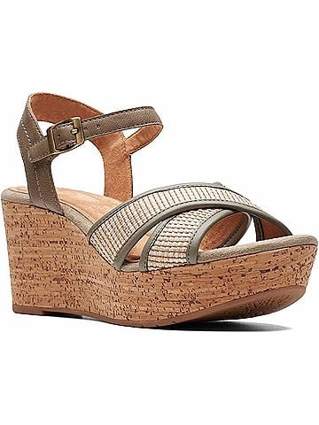 Clarks Women's Elleri Plum Wedge Sandal in Olive Leather (view 1)