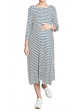Hatch Marina Maternity Dress in Ivory/Blue Stripe (view 2)