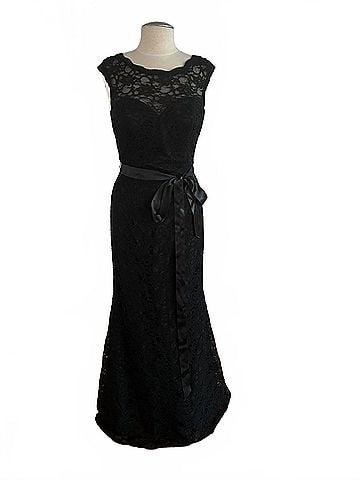 MoriLee by Madeline Gardner Women's Lace Satin Tie Sash Formal Dress in Black Lace (view 1)