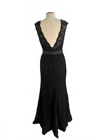 MoriLee by Madeline Gardner Women's Lace Satin Tie Sash Formal Dress in Black Lace (view 2)