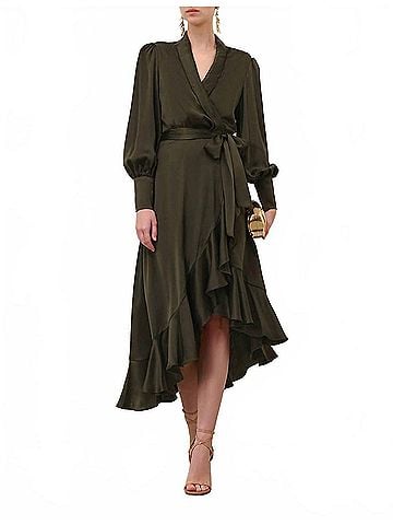 Zimmermann Silk Wrap Midi Dress in Dark Green (view 2)
