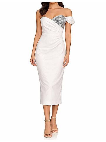 Milly One Shoulder Sequin Accent Midi Dress in White (view 2)