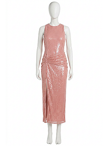 Hutch Lumi Sequin Ruched Midi Dress in Rose Pink (view 1)