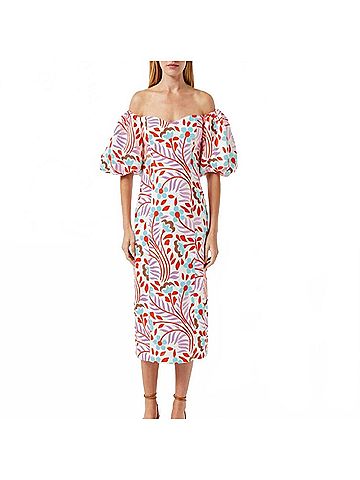 Rhode Karima Off The Shoulder Linen Midi Dress in Lago Vine Print (view 2)
