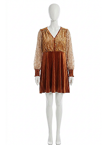 Mystree Velvet Mix Mini Dress in Gold/ Brown (view 1)