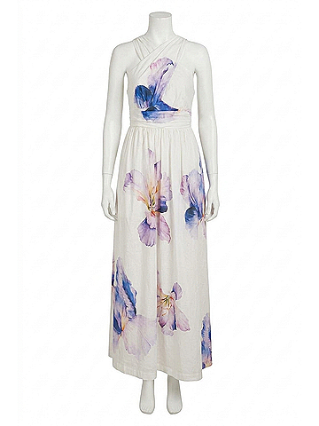 TCEC Floral Print Cross Halter Neck Midi Dress in Off White (view 1)