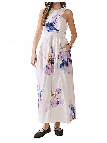TCEC Floral Print Cross Halter Neck Midi Dress in Off White (view 2)