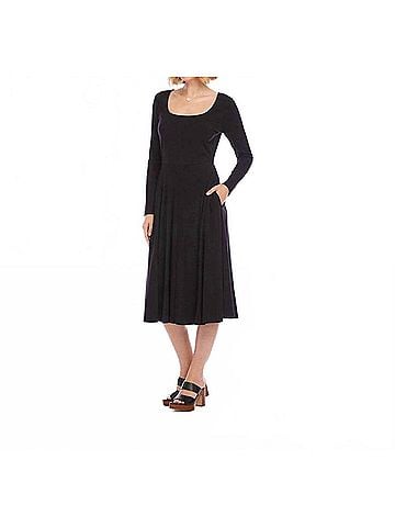 Karen Kane Long Sleeve Ribbed Scoop Neck A-Line Dress in Black (view 2)