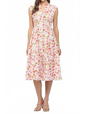 Fate Women's Floral Print Jacquard Front Zip Closure Midi Dress in Cream Multi (view 2)