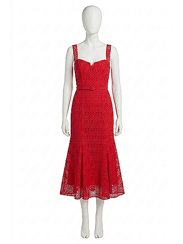 Self-Portrait Lattice Lace Midi Dress in Red (view 1)