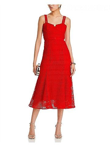 Self-Portrait Lattice Lace Midi Dress in Red (view 2)