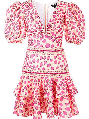 PatBO Bossa Lace Trim Puff Sleeve Layered Mini Dress in Pink/Apricot (view 1)