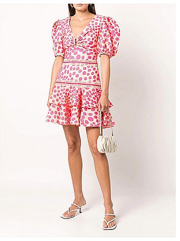 PatBO Bossa Lace Trim Puff Sleeve Layered Mini Dress in Pink/Apricot (view 2)