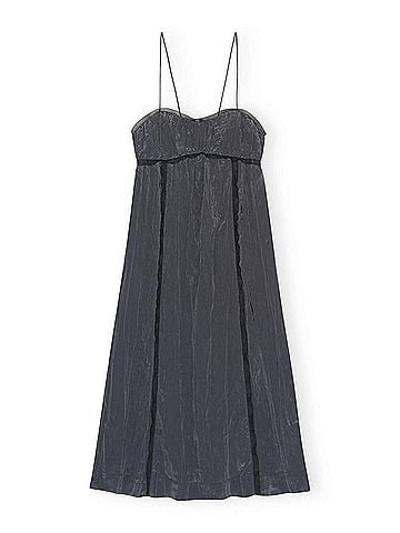 Ganni Shiny Tech Midi Dress in Grey Pinstripe (view 2)