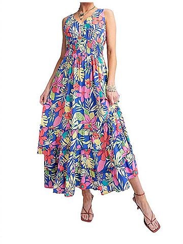 Easel Tropical Print Peach Blossom Maxi Dress in Peri Blue (view 2)