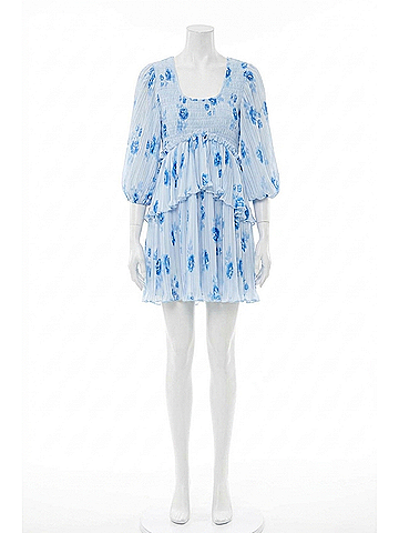 Ganni Pleated Georgette Flounce Smock Mini Dress in Heather (view 1)