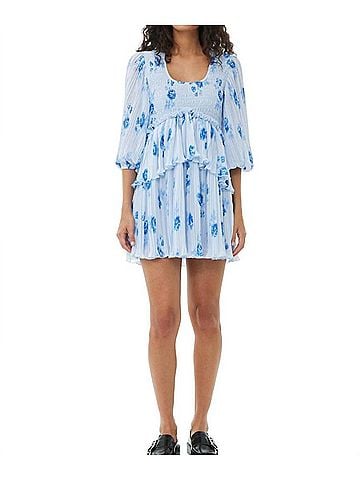 Ganni Pleated Georgette Flounce Smock Mini Dress in Heather (view 2)