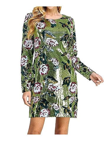 See and Be Seen Floral Sequin Long Sleeve Mini Dress in Green (view 2)