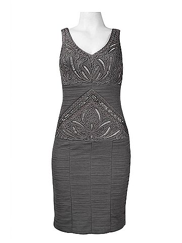 Sue Wong V-Cut Neck Ribbon Ruched Cocktail Dress in Charcoal (view 1)