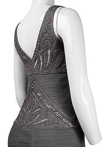 Sue Wong V-Cut Neck Ribbon Ruched Cocktail Dress in Charcoal (view 2)