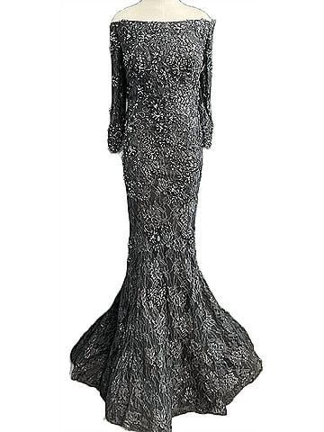 Jovani Three Quarter Sleeve Embellished Dress in Charcoal (view 2)