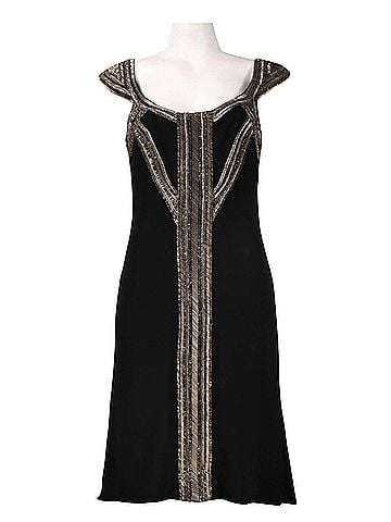 Theia Scoop Neck Mixed Bead Trim Detail High Low Crepe Dress in Black (view 1)