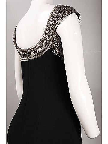 Theia Scoop Neck Mixed Bead Trim Detail High Low Crepe Dress in Black (view 2)