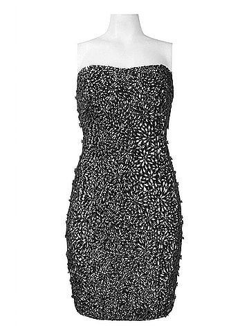 Theia Strapless All Over Rhinestone And Bead Detail Mesh Dress in Charcoal (view 1)