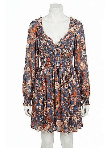 Listicle Floral Print Smocked Long Sleeve Dress in Blue (view 1)