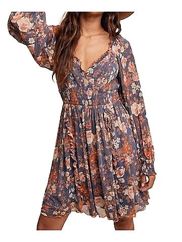 Listicle Floral Print Smocked Long Sleeve Dress in Blue (view 2)