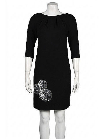 Theia Elbow Sleeve Embellished Bottom Detail Wool Blend Dress in Black (view 1)