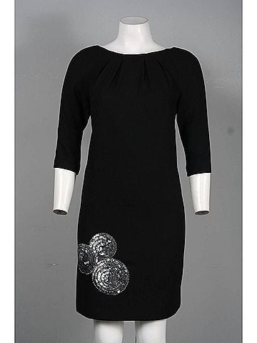Theia Elbow Sleeve Embellished Bottom Detail Wool Blend Dress in Black (view 2)