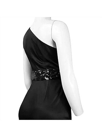 Theia Women's Asymmetric Shoulder Waist Detail Jersey Satin Draped Dress in Black (view 2)