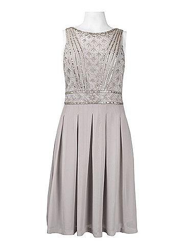 Sue Wong Sleeveless Beaded Bodice Pleated Dress in Platinum (view 1)