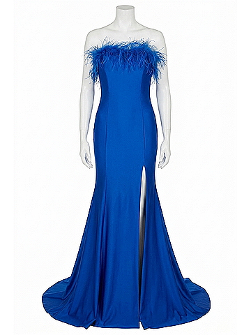 Terani Couture Jersey Strapless With Feathers in Royal (view 1)